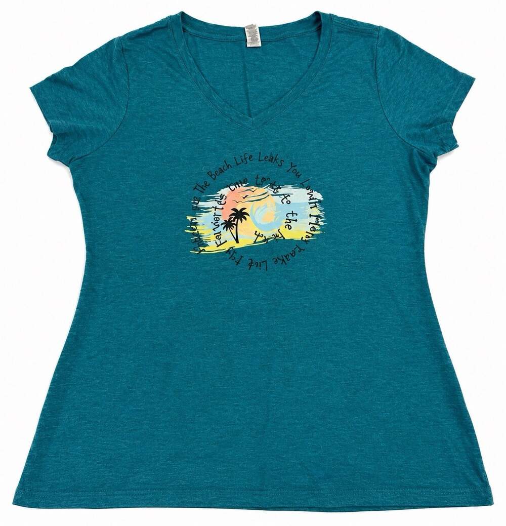 Perfect Tri District Women's Large Teal Beach Life Palm Tree V-Neck Graphic T